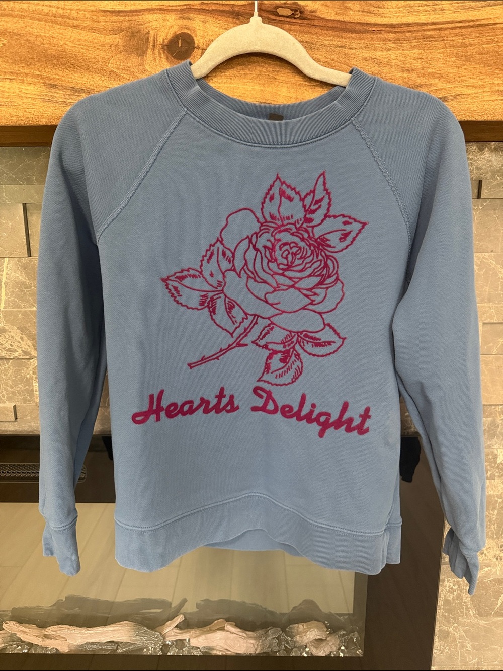 J. Crew Light Blue Crewneck Sweatshirt with Pink Rose Graphic